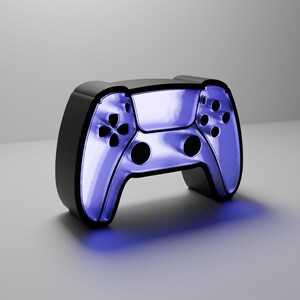May include: A black and purple video game controller with a glossy finish. The controller has a sleek design with buttons and directional pads. The purple color illuminates the center of the controller, creating a futuristic look.