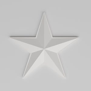 Pode incluir: Uma estrela de cinco pontas em cinza claro, com um design tridimensional. A estrela apresenta planos angulados que criam sombras. O fundo é cinza claro uniforme.