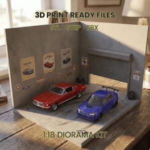 1/18 Scale Corner Garage with Roll-Up Door - 3D Model STL Digital Download - Optimized for 200x200mm Print Bed - DIY Diecast Diorama Kit