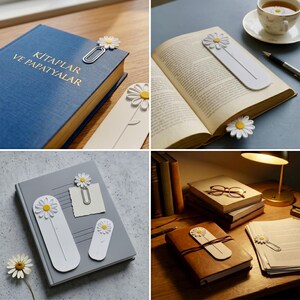 May include: A collection of white daisy-themed stationery accessories including bookmarks and paperclips. The bookmarks are long, white, and feature a yellow-centred white daisy at the top. The paperclips are silver with a daisy attached to the top.