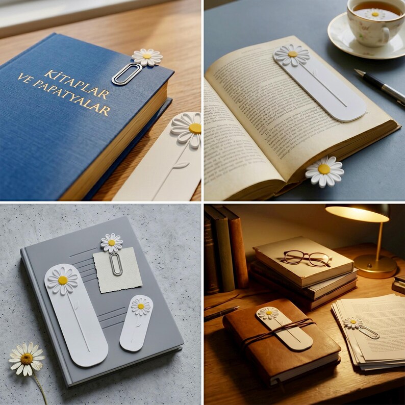 May include: A collection of white daisy-themed stationery accessories including bookmarks and paperclips. The bookmarks are long, white, and feature a yellow-centred white daisy at the top. The paperclips are silver with a daisy attached to the top.