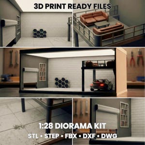 May include: A diorama kit with a modern garage design, featuring a car, a second-floor living space with a sofa and coffee table, and a honeycomb-shaped wall decoration. The text "3D PRINT READY FILES" and "1:28 DIORAMA KIT" are visible.