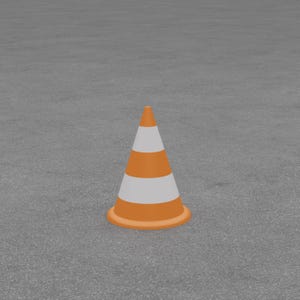 May include: An orange and white traffic cone. The cone has a wide orange base, a white stripe, and an orange tip. The cone is on a gray surface.
