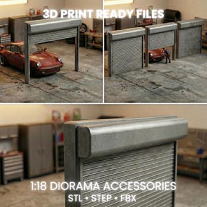 Oprolbare garagedeur schaal 1/18 STL | Gesplitste onderdelen voor 200 mm-printers | Pin- en gleufmontage met toleranties | Digitale dioramabestanden