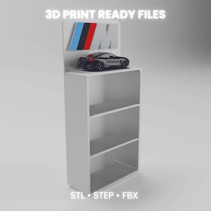 May include: A white display stand with three shelves, featuring a small black car model on top. The stand has the text "3D PRINT READY FILES" and the BMW logo. The bottom of the stand has the text "STL • STEP • FBX".