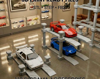 Elevador de coches modular a escala 1/18: Diorama apilable para impresión 3D (Descarga digital)