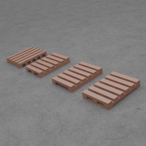 May include: Four small, brown wooden pallets arranged in a row. Each pallet has a rectangular shape with horizontal slats and cut-out sections. The pallets are a warm, earthy tone, and are set against a gray background.