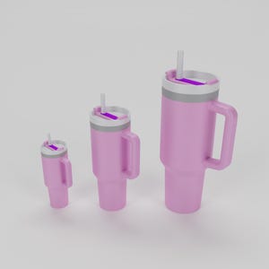 May include: Three pink insulated tumblers of varying sizes, each with a handle, a white and gray rim, and a purple slider on the lid. Each tumbler has a clear straw. The tumblers are designed to keep drinks cold or hot.