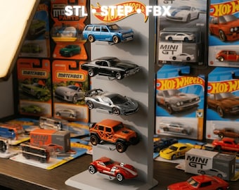 5-Car Diecast Display Stand & Wall Rack | 3D Print Files (STL, STEP, FBX) | Desktop Organizer with Base | 1/64 Scale Model Car Holder