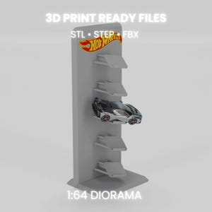 May include: A gray 1:64 scale diorama display stand with the Hot Wheels logo and text "3D PRINT READY FILES". The stand has multiple shelves holding a black and silver toy car with red wheels.