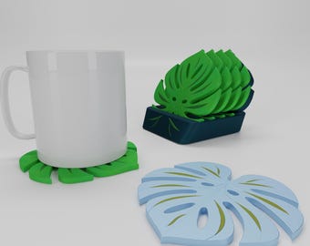 Posavasos de hoja de Monstera imprimibles en 3D con bandeja (STL, Step, FBX) (descarga digital)