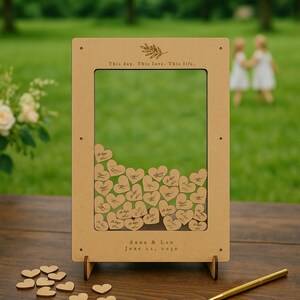 Personalized Wooden Heart Drop Guest Book – Simple Wedding Keepsake with Wood Chips, Stand & Message Card