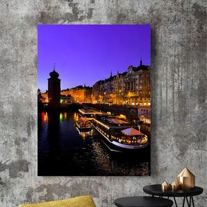 Prague River Night Canvas Wall Art – Europe Travel Photography Print