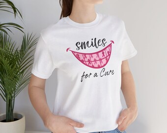 Smiles for a Cure T-Shirt, Breast Cancer Awareness Shirt, Pink Ribbon Graphic Tee, Dental Hygienist Gift, Cancer Survivor Support Top