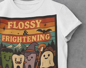 Flossy & Frightening Halloween T-Shirt, Cute Dentist Gift, Spooky Tooth Tee, Trick-or-Treat Costume Top, Dental Halloween Tee