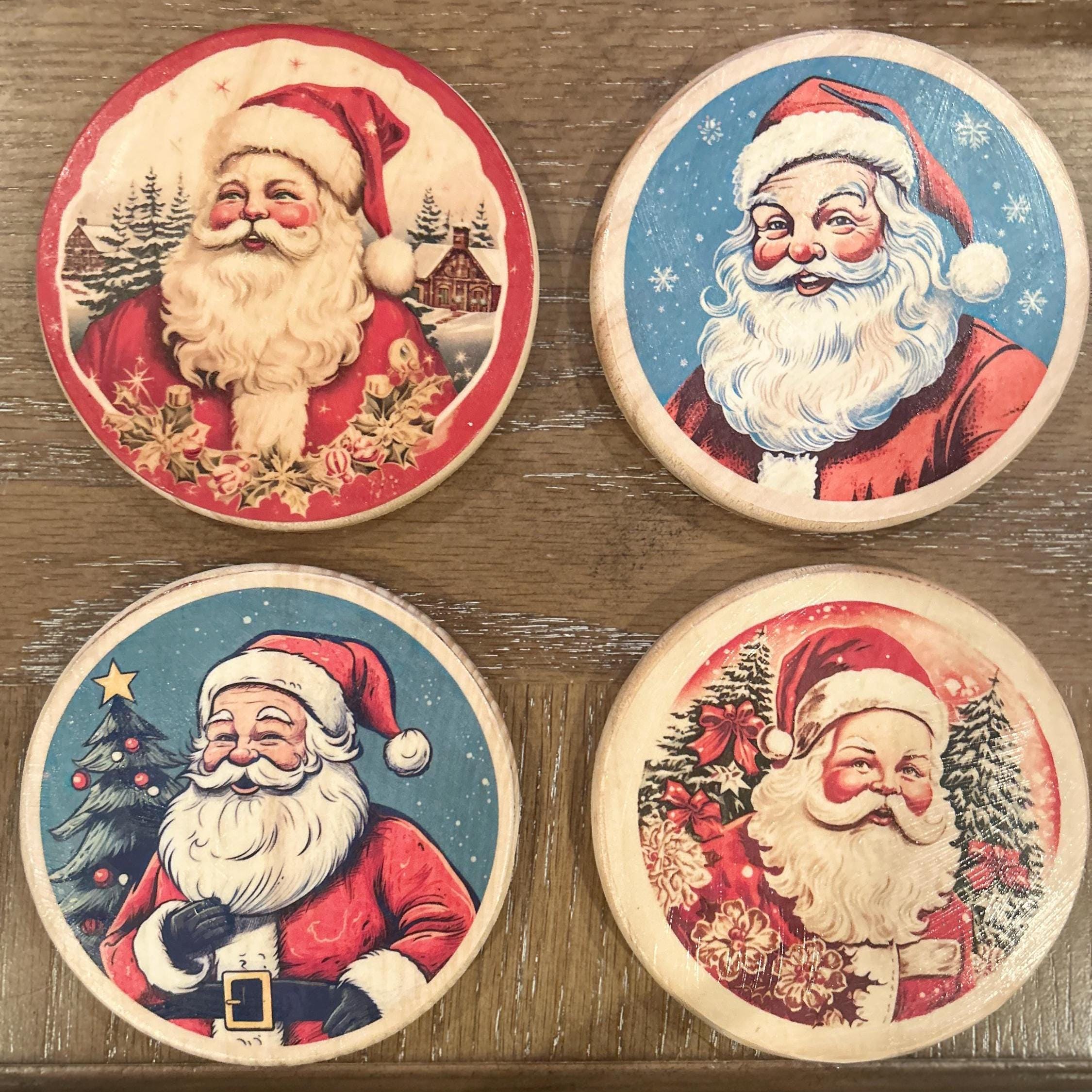 手作りヴィンテージサンタクリスマスコースター：木製ホリデー 