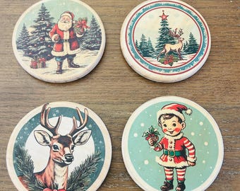Handmade Vintage Christmas Coasters: Wood Holiday Decor, Gifts under 25, Retro Vintage Coasters, Home Made Coasters