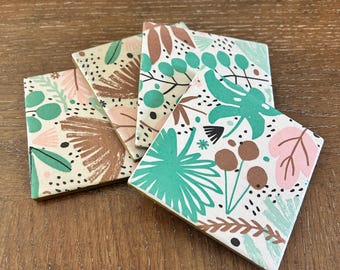 Floral Decoupage Coasters: Modern Ceramic Coasters, Set of Four