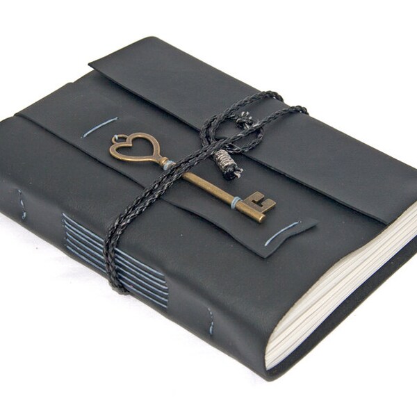 Black Leather Journal with Heart Key Bookmark