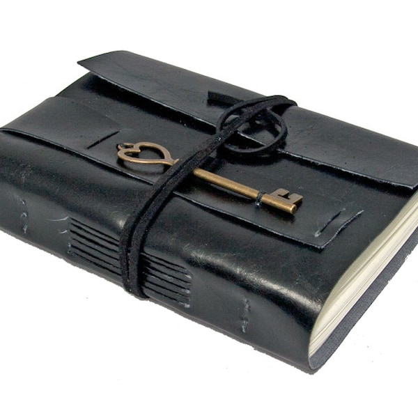 Black Vegan Faux Leather Journal with Heart Key Bookmark