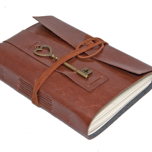 Light Brown Vegan Faux Leather Journal with Heart Key Charm Bookmark