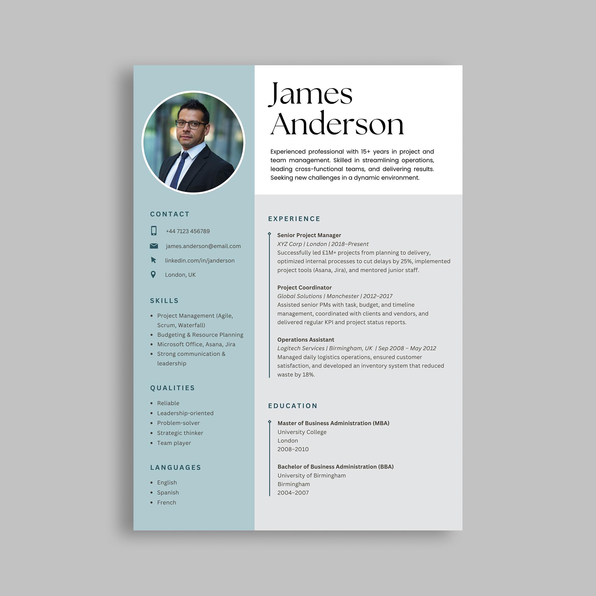 Executive Resume Template for Men – Professional & Modern CV – Editable ...