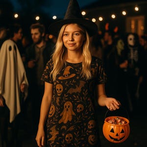 Puede incluir: Un vestido negro de manga corta con un patrón repetitivo de fantasmas, calaveras, sombreros de bruja, murciélagos y follaje en color naranja. Se combina con un sombrero de bruja negro y un cubo de plástico naranja con forma de calabaza.