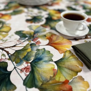 Large Ginkgo Leaf Tablecloth, Organic Cotton Fall Decor, Autumn Dining Linens, Botanical Thanksgiving Table Setting, Handmade Table Cover