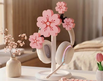 Sakura Cherry Blossom Headphone Stand – Cute Desk Setup Organizer, Aesthetic Headphones Holder, Kawaii Gaming Decor