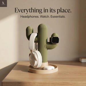 Pode incluir: Um suporte verde em forma de cacto acomoda fones de ouvido brancos, um smartwatch e um pequeno estojo de carregamento branco. O suporte está em uma superfície marrom clara, com o texto "Everything in its place. Headphones. Watch. Essentials."