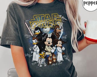 Retro Disney Star Wars Comfort Colors Shirt, Mickey And Friends Jedi Shirts, Sci-Fi Cartoon Graphic Tee, Family Vacation Outfit, Disney Gift