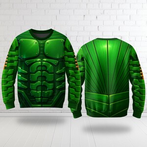May include: A long-sleeve crewneck sweatshirt featuring a vibrant green, metallic-look armor print. The front displays a molded chest plate and abdominal muscle design with gold rivets, while the back shows a radiating green panel pattern.