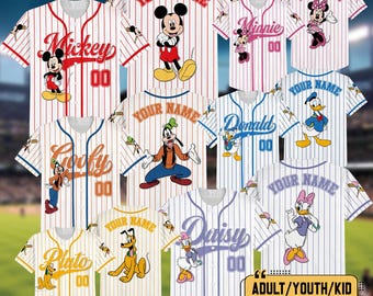 Personalize WDW Mickey & Friends Cute Striped White Baseball Jersey, Custom DN Baseball Team Jerseys, Mickey Minnie Birthday Shirt