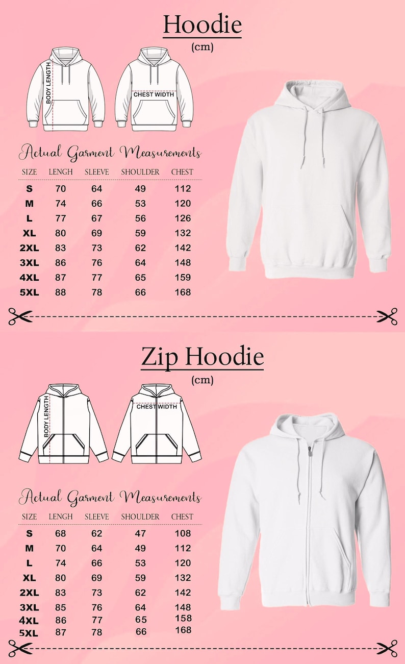 May include: A size chart for a white hoodie and a white zip hoodie, featuring line drawings of the garments and tables labeled Actual Garment Measurements with sizes S through 5XL and corresponding dimensions in centimeters for length, sleeve, shoulder, and chest.