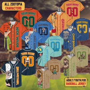 May include: A collection of custom baseball jerseys featuring Zootopia characters like Nick Wilde, Judy Hopps, Gazelle, Chief Bogo, Bellwether, and Flash. Each jersey displays a character graphic, player name, and number, with text labels 01 through 08.