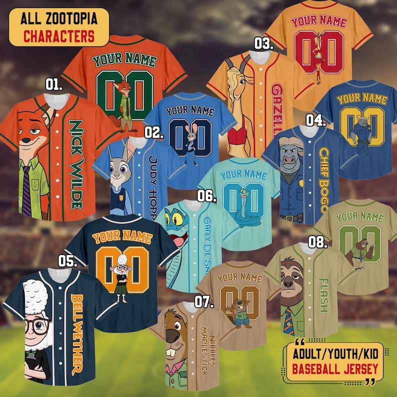 May include: A collection of custom baseball jerseys featuring Zootopia characters like Nick Wilde, Judy Hopps, Gazelle, Chief Bogo, Bellwether, and Flash. Each jersey displays a character graphic, player name, and number, with text labels 01 through 08.