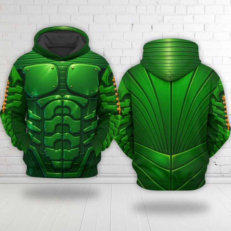May include: A long-sleeve hoodie featuring a vibrant green graphic print that mimics the appearance of segmented metallic armor. The front displays a chest plate design with abdominal detailing, while the back shows a ribbed pattern.