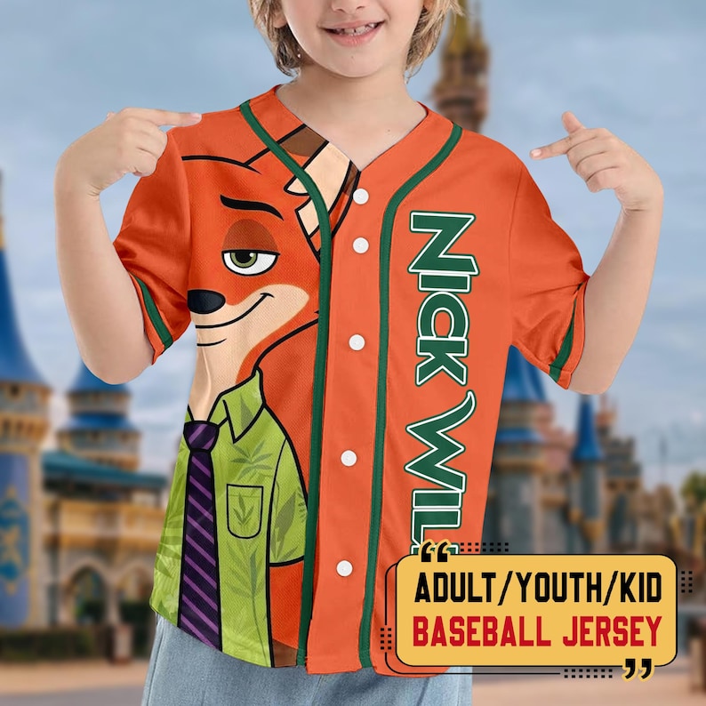 May include: An orange baseball jersey featuring a graphic of the character Nick Wilde on the left side, wearing a green shirt and purple tie. The jersey has green trim, white buttons, and the text NICK WILDE printed vertically in green on the right.