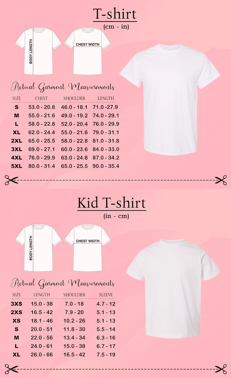 May include: A size chart for adult and kid t-shirts featuring white t-shirt illustrations, diagrams showing body length and chest width, and tables listing actual garment measurements in centimeters and inches for sizes S to 5XL and 3XS to XL.