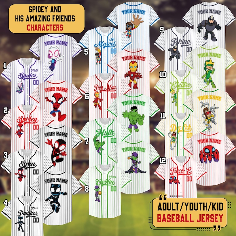 Puede incluir: Una colecci&oacute;n de camisetas de b&eacute;isbol con varios personajes de la serie Spidey and His Amazing Friends. Cada camiseta tiene un gr&aacute;fico de personaje, el texto "YOUR NAME" y un n&uacute;mero. Las camisetas son blancas con rayas y acentos de color.