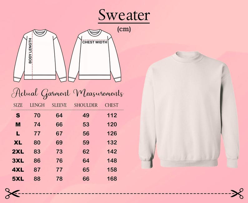 May include: A plain light beige crewneck sweater shown alongside a sizing chart with technical line drawings. The chart displays measurements in centimeters for sizes S through 5XL, detailing body length, sleeve, shoulder, and chest dimensions.