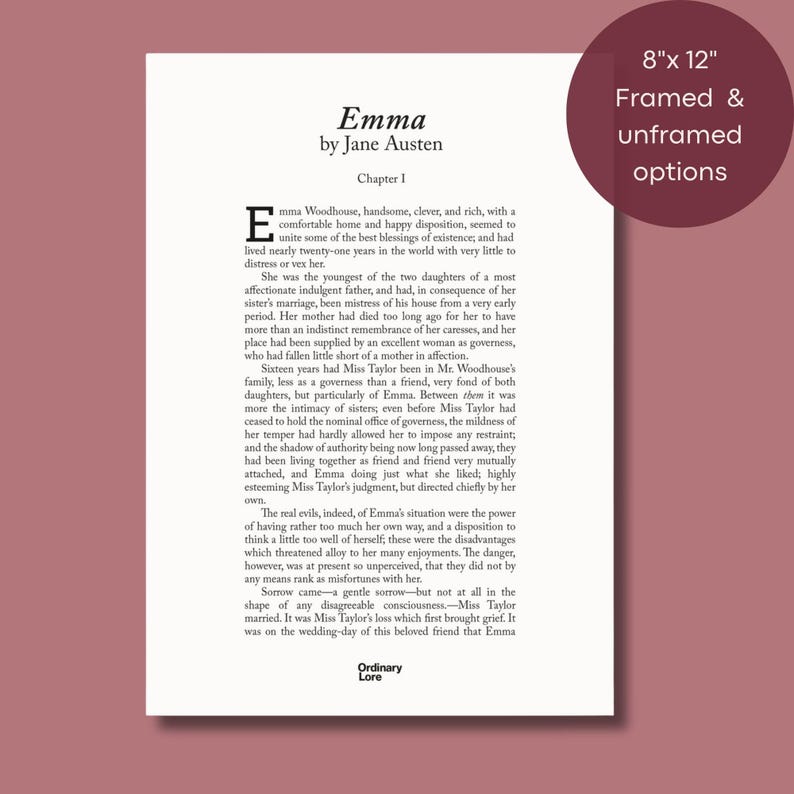 Emma First Jane Austen Emma First Page Poster: Literary Wall Art, Framed or ...
