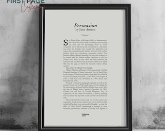 May include: A framed print of the first page of Jane Austen's novel, "Persuasion." The text is in black on an off-white background, with the title and author at the top. The frame is black, and the words "JANE AUSTEN EDITION" are at the bottom.
