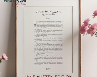 May include: A framed print of the first page of "Pride & Prejudice" by Jane Austen. The text is in black on a white background, with the title and author at the top. The words "JANE AUSTEN EDITION" are at the bottom.