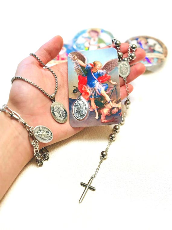 St. Michael Archangel Gift Box – Prayer Card, Medal Necklace, Sword Cross Rosary, Stainless Steel Bracelet