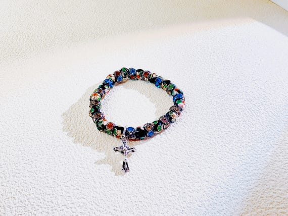 Promo: Vintage Cloisonné Catholic Bracelet with Silver Cross, Antique Handmade Beads, Fall Religious Thanksgiving Gift