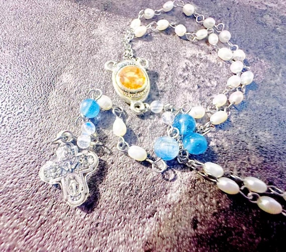 Natural Aquamarine and Pearl Rosary with Holy Land Soil, Catholic Christmas Gift (Add Pouch – see description)