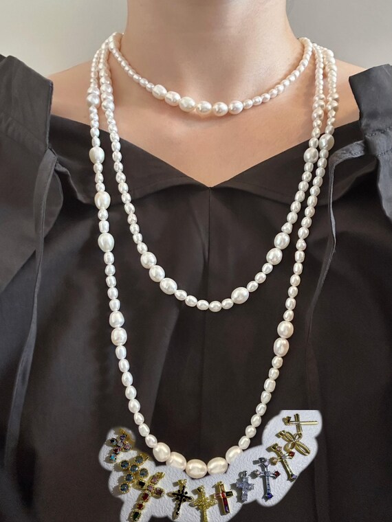 Endless Rope Real Freshwater Pearl Necklace 71 Inch Long Multi Wrap Layered Strand with Cross Vintage Flapper Style Jewelry Christmas Gift