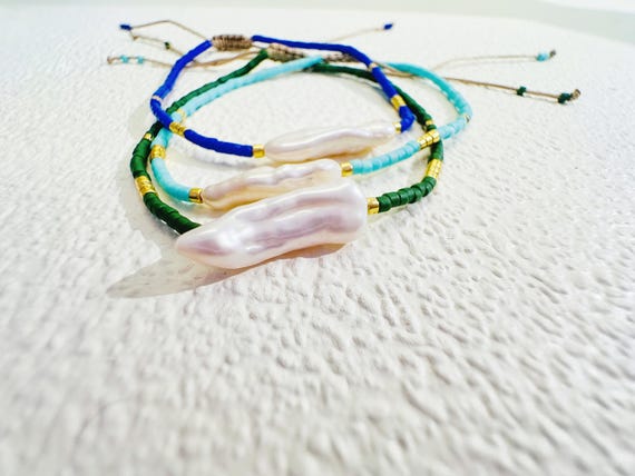 Promo: Adjustable Real Freshwater Baroque Pearl Bracelet Avocado Green Turquoise Blue and Lapis Friendship Gift or Goodie Bag Favor