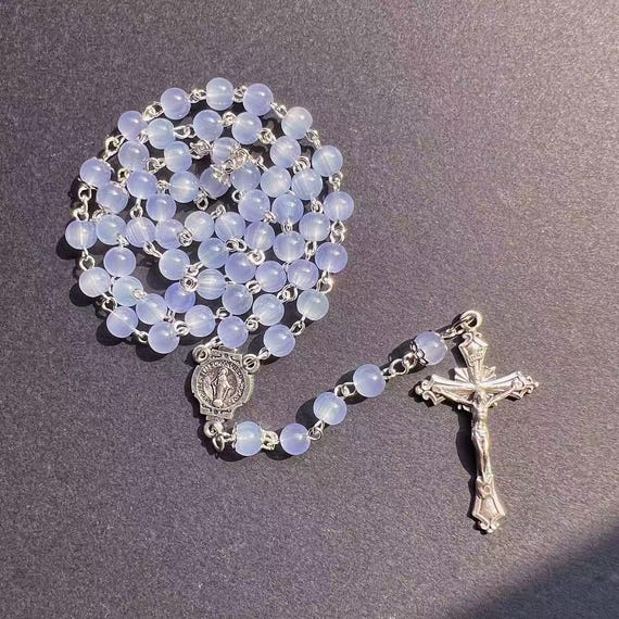 6 mm Light Blue Purple Crystal Rosary with Italian Crucifix, Christmas Catholic Gift (Add Pouch – see description)
